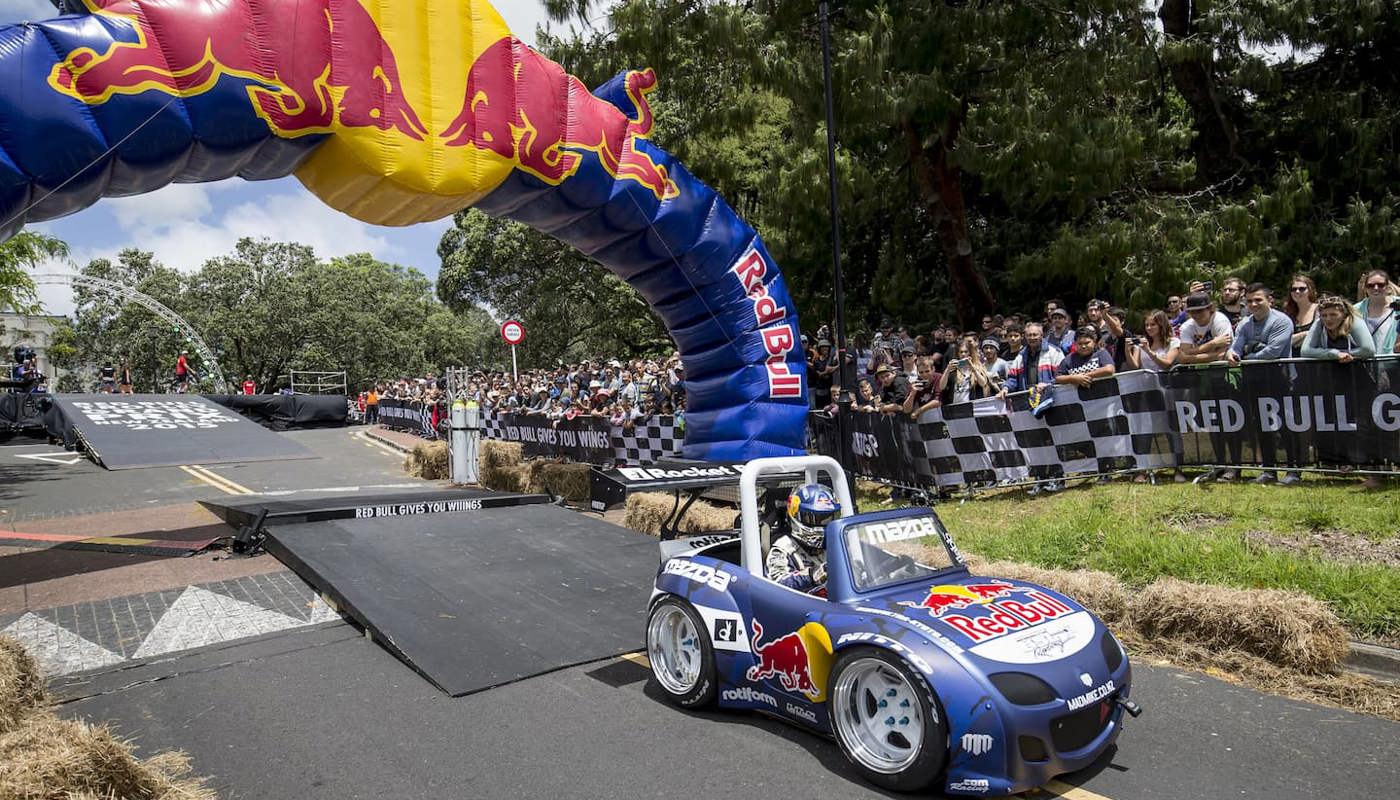 Mad Mike Whiddett drifts down the Red Bull Trolley Grand Prix track