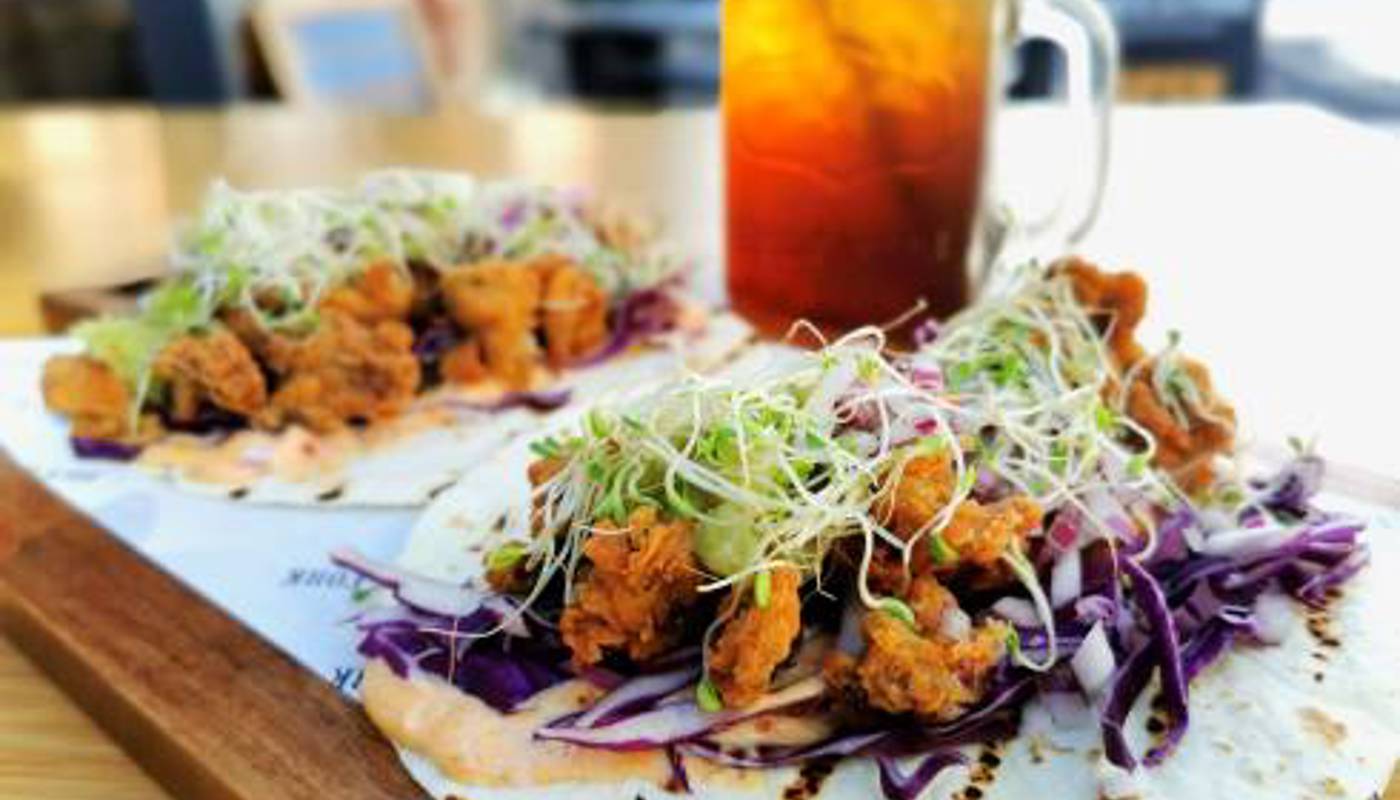 Tacos and a beverage from Dice & Fork