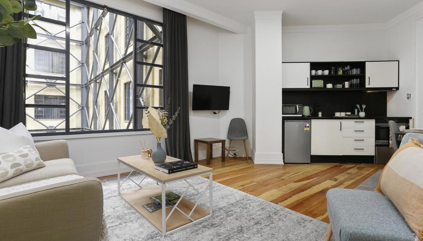 Living area flows through to the kitchen