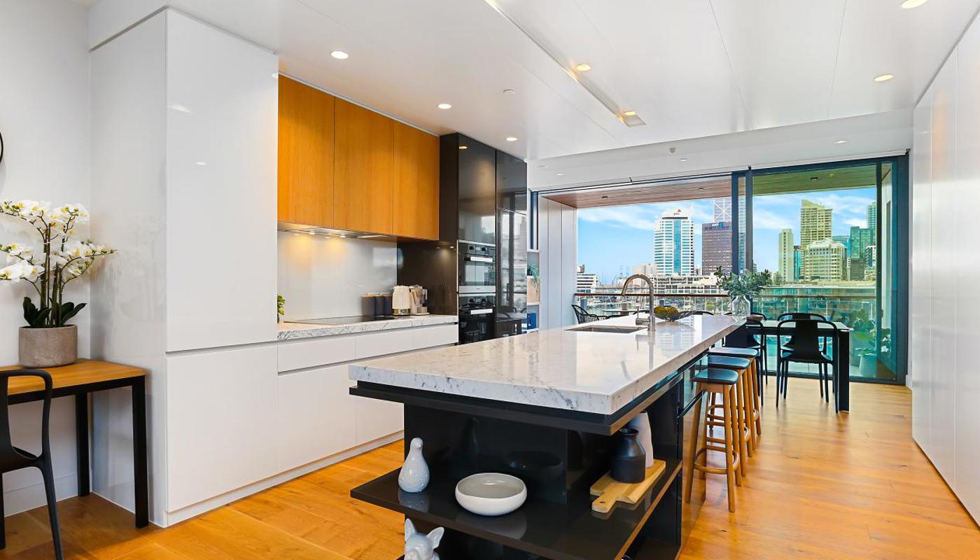 Full view of the chic kitchen.