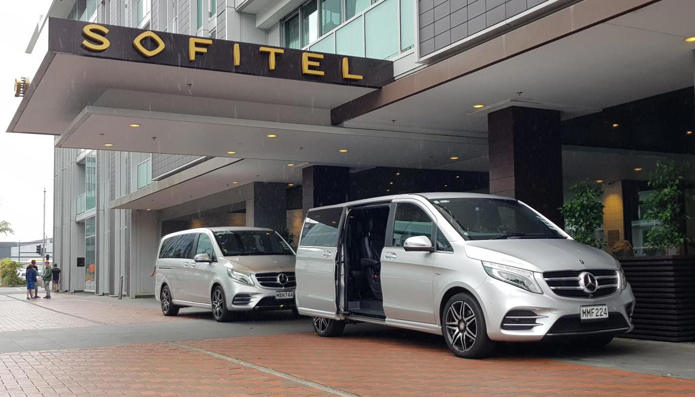 Guest pickup at Sofitel Auckland in Viaduct Basin.