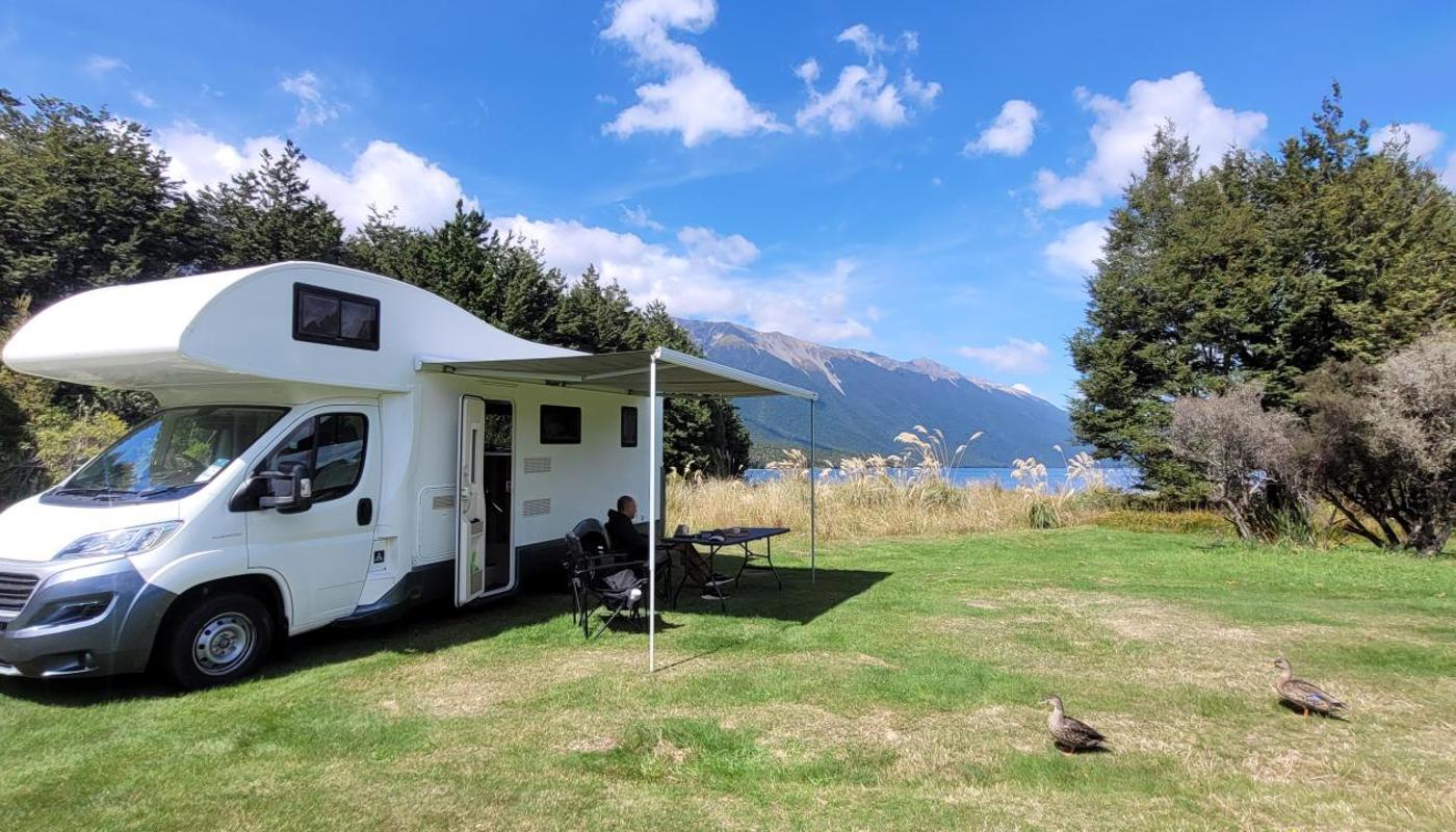 Our 6 Berth Campervan Nelly parked up at the Nelson Lakes