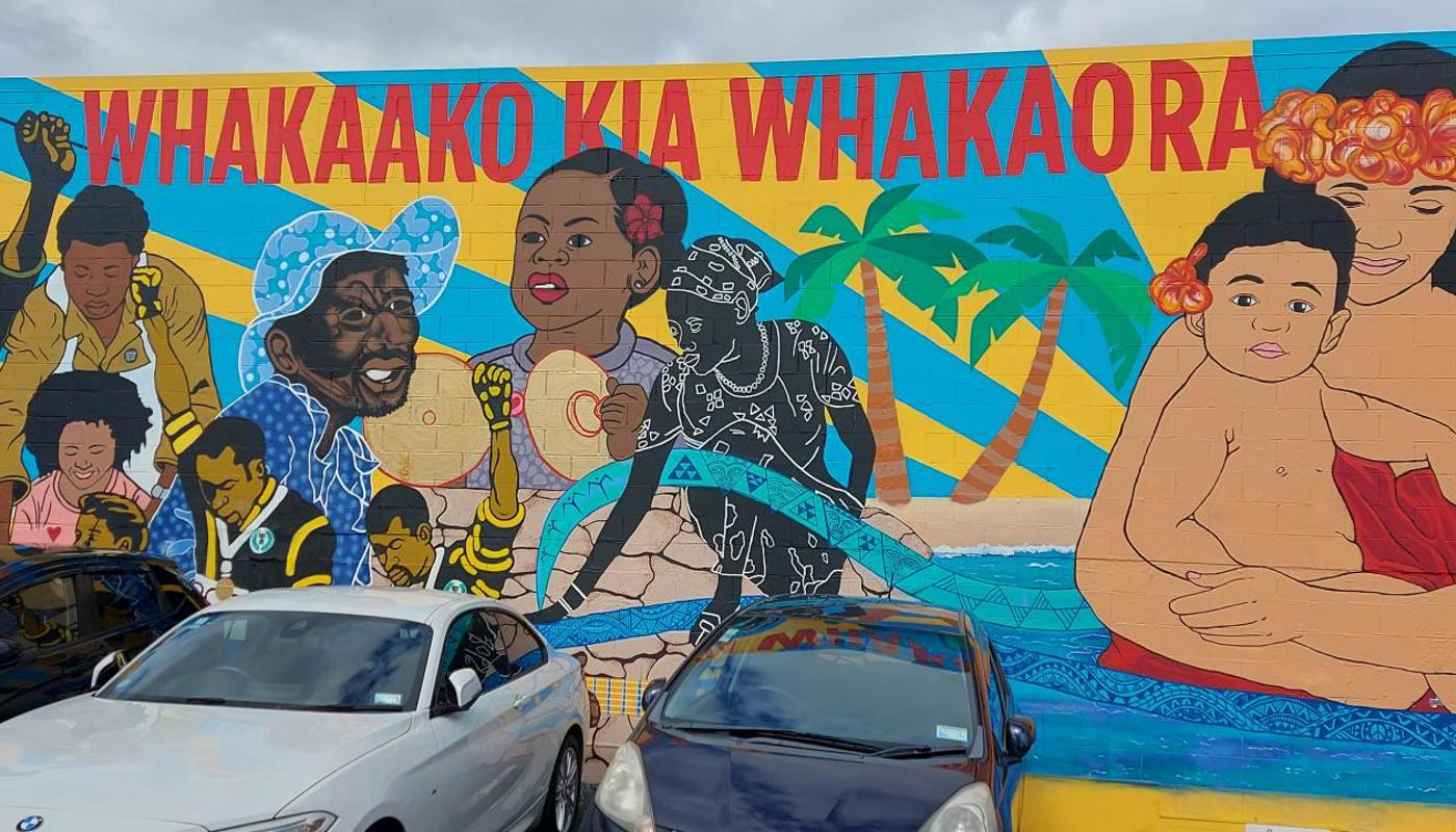 A mural talking about the Polynesian Panthers, and the Dawn Raids