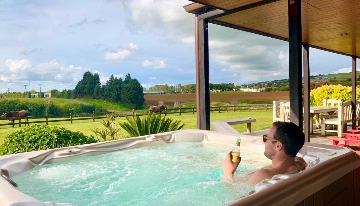 Relaxation in our spa pool with views over the country side