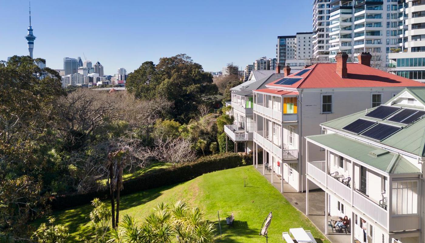 View of Verandahs, the garden and the sky tower