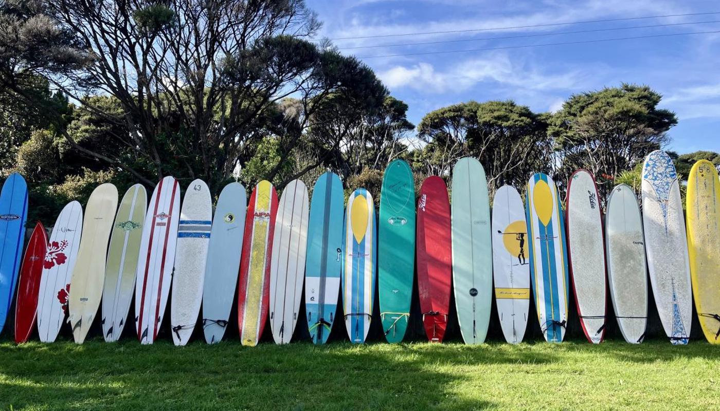 Longboard line-up! Take a look at a few of the longboards available to rent!