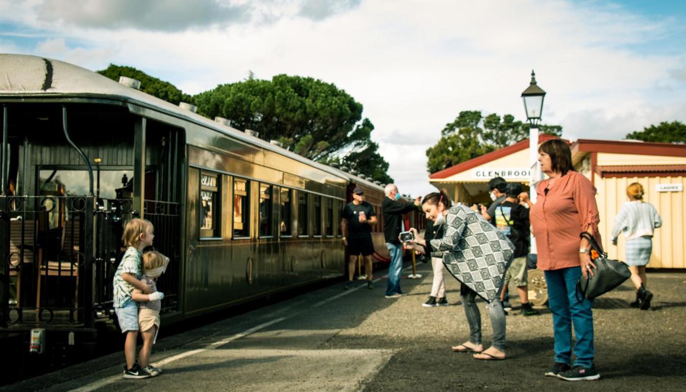 Family photos on the platform at the Glenbrook Vintage Railway