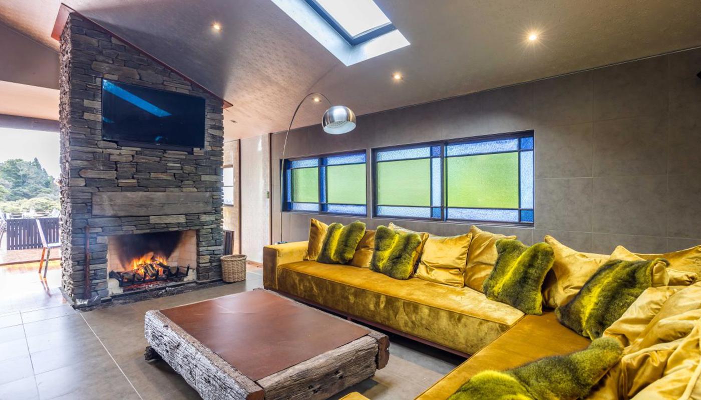 Living area, open stone fireplace