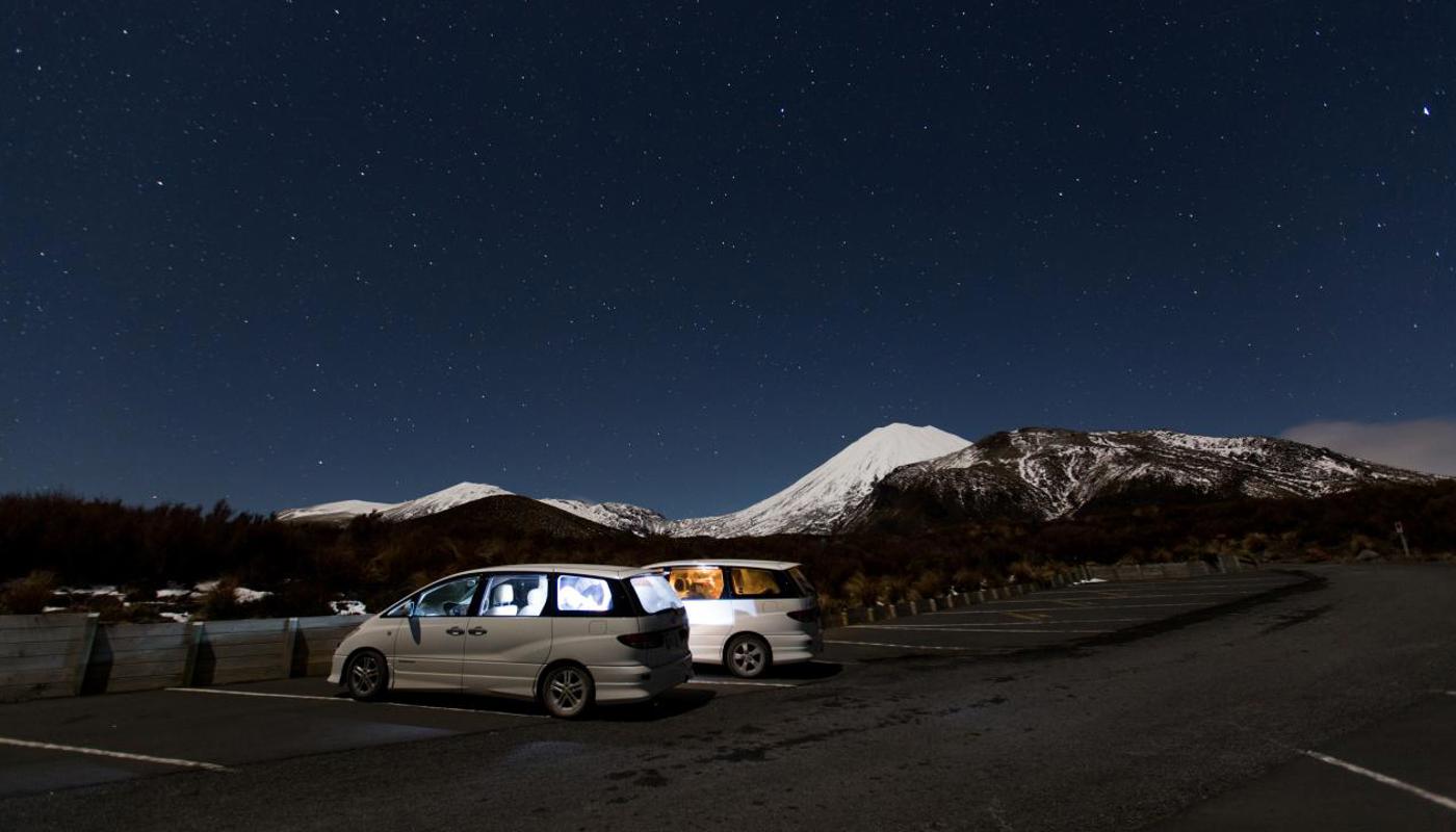 Two berth Mode Campers get ready for the night in Tongariro National Park