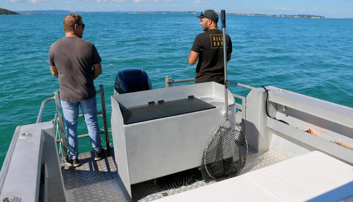 Caged boarding platform for extra fishing room.