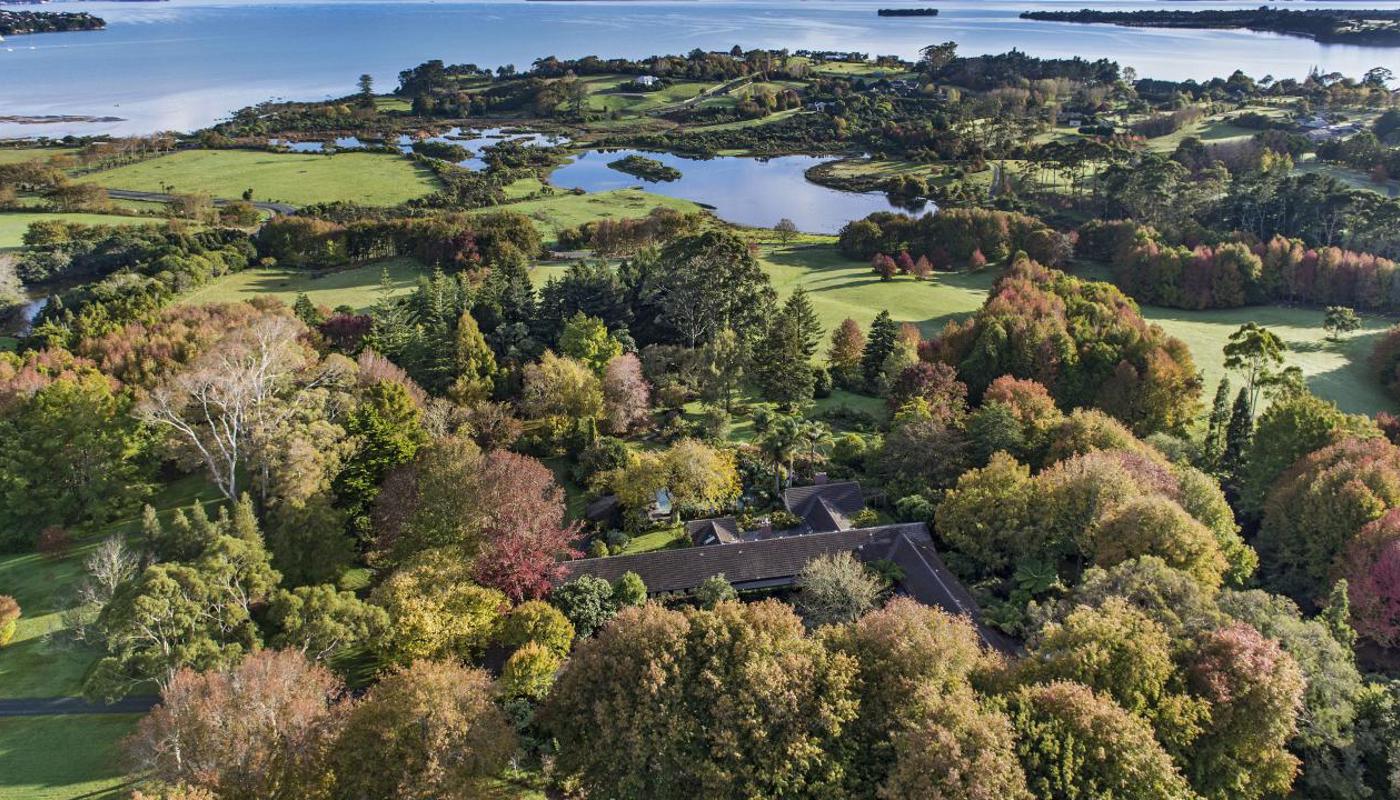 Aerial view of Ayrlies Garden, Wetland area and out to Hauraki gulf and Rangitoto