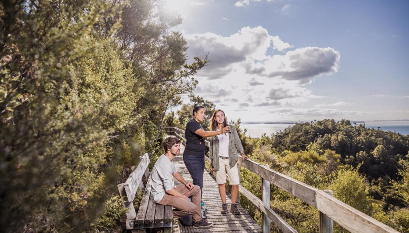 Guide and walkers on the high point on "Peretū" Rangitoto Island.