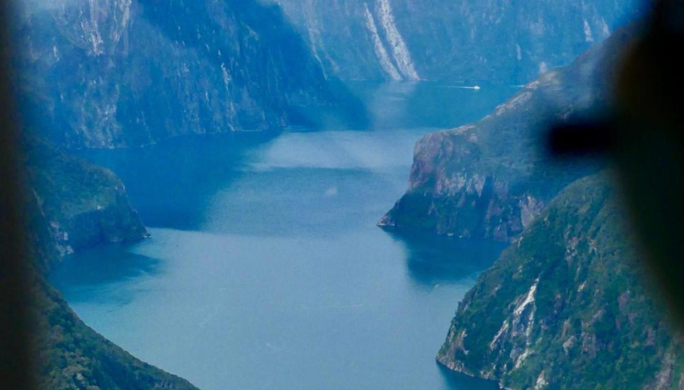 Helicopter over Milford Sound