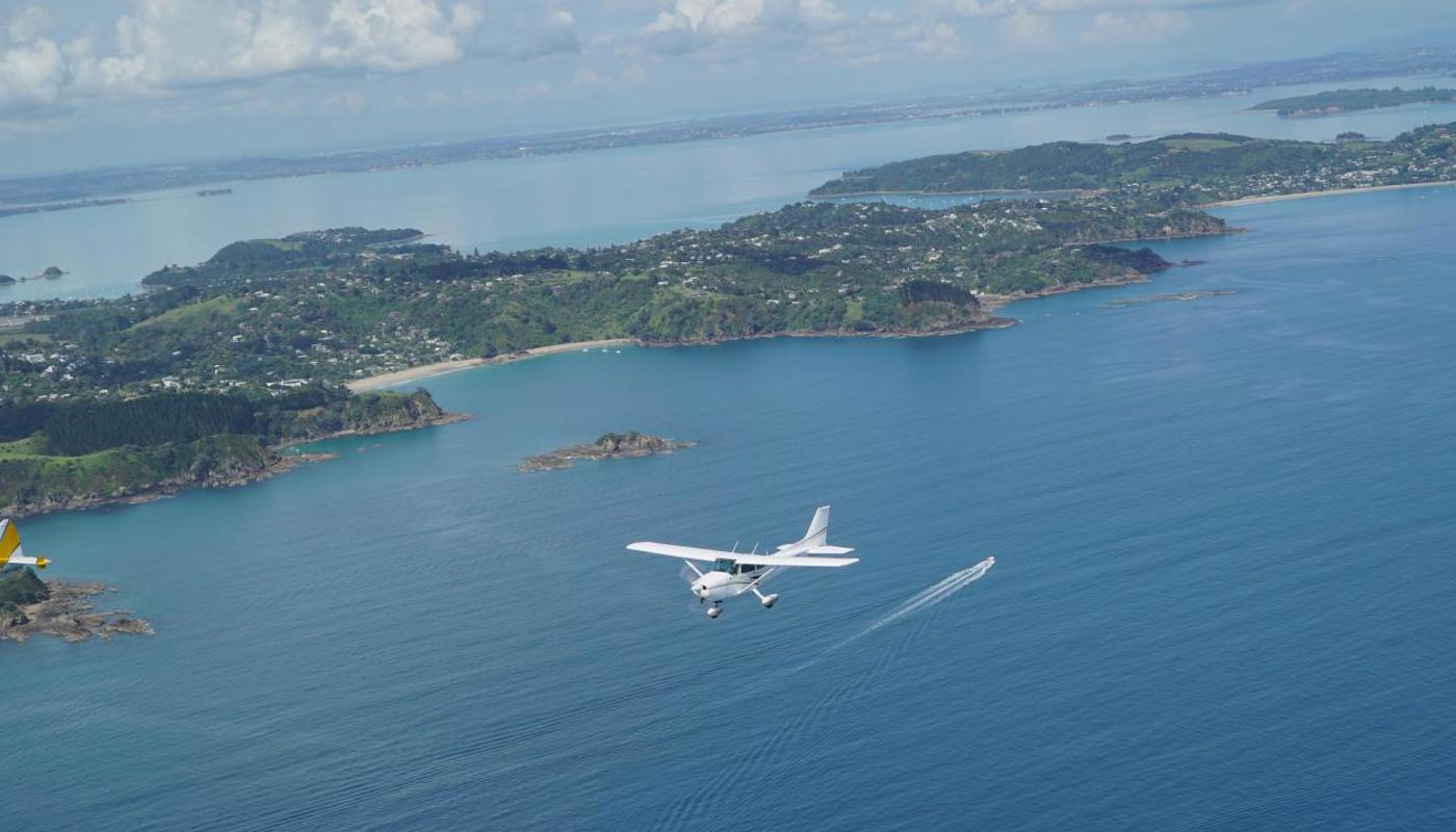 A breathtaking flight experience showcasing the beautiful landscape of Waiheke.